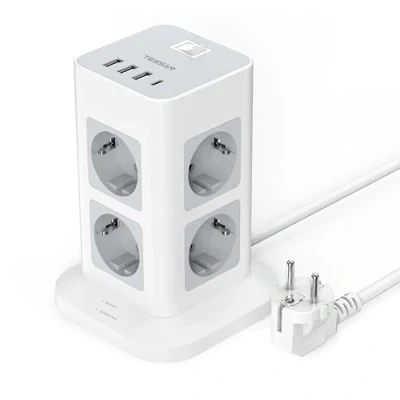 Image de TESSAN multiprise de Protection Contre la surtension 8 Prises, avec 3 USB A et C, Tour Verticale Interrupteur, rallonge Prise 2 mètres, 600 W