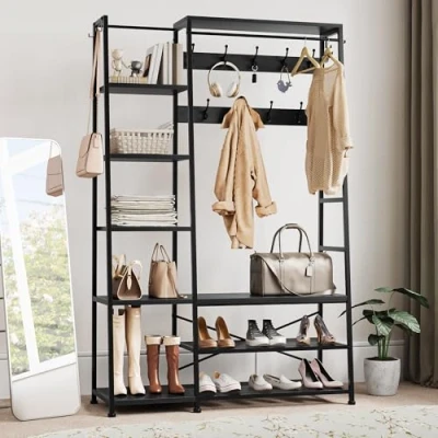 Image de YITAHOME Portemanteau avec Rangement pour Chaussures, Arbre d&#039;entrée sur Pied Banc, Porte Manteau Industriel 5 étagères, Tringle à Vêtements Chambre Coucher Salon Couloir, Noir