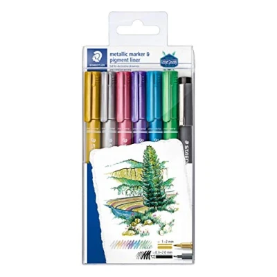 Image de Staedtler Metallic Marker, Feutres à Encre métallique pour loisirs créatifs et écriture stylisée, pigmentée base d&#039;eau, Étui blister avec 5 couleurs 1 Pigment Liner, 8323 S WP6P