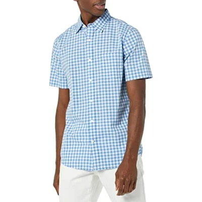 Image de Amazon Essentials Chemise en Popeline à Manches Courtes Coupe Ajustée Homme, Bleu Clair Blanc Motif Vichy, L