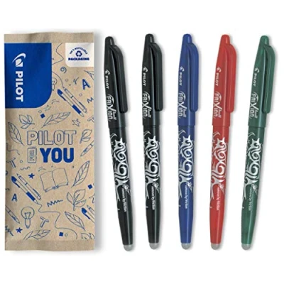 Image de PILOT Lot de 5 Frixion Ball Stylo effaçable à encre thermosensible roller rechargeable fabriqué partir plastique recyclé 2 Noirs, 1 Bleu, Rouge, Vert Pointe moyenne