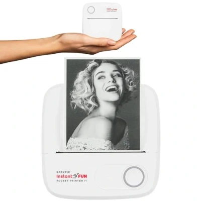 Image de Easypix InstantFUN Pocket Printer P1 Mini Imprimante Mobile Thermique Noir et Blanc Impression sans Encre avec Application Smartphone + Autocollant Recharge Papier