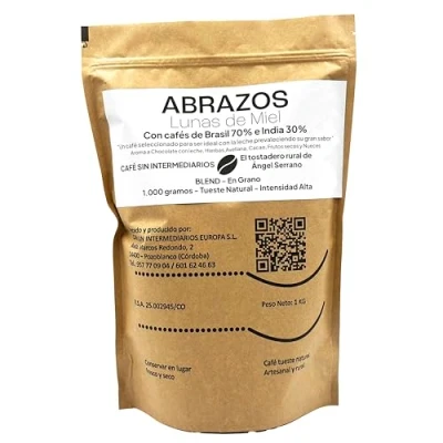 Image de CAFE SIN INTERMEDIARIOS Café Brésil Abrazos En Grano non moulu 1 Kg Torréfié hebdomadairement et fraîchement emballé Intensité de saveur moyenne Idéal pour noisette ou Cappuccino
