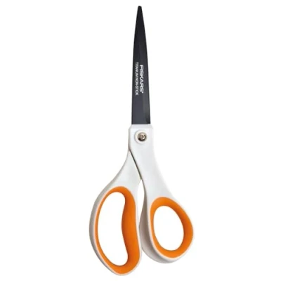 Image de Fiskars Ciseaux antiadhésifs universels, Longueur totale: 21 cm, Revêtement titane/Lames en acier inoxydable/Poignées plastique, Blanc/Orange, 1004721