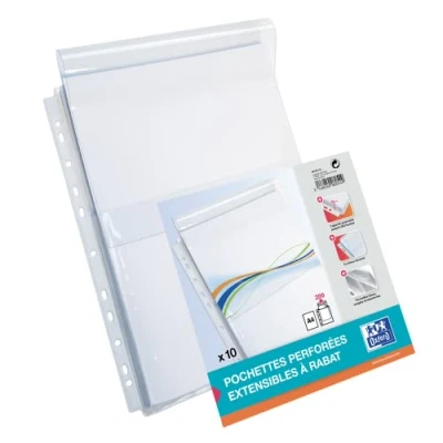 Image de Oxford Lot de 10 Pochettes perforées capacité extensible avec Rabat Protection 11 Trous PVC Lisse A4 Incolore