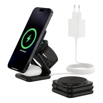 Image de KU XIU X40Q Chargeur à Induction sans Fil 3 en 1 Pliable (Qi2 Certifié), Station de Charge 15W Rapide pour iPhone 16/15/14/13/12, 5W Apple Watch 10/9/8/7/Ultra/SE et AirPods 4/3/2 Pro Noir