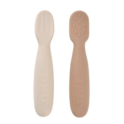 Image de BÉABA, Lot de 2 cuilleres bebe 1er age, Pré cuillères en Silicone, Couverts Bébé, Dès 4 Mois, Forme Ergonomique, Textures Différentes, Manche Pralin/Argile
