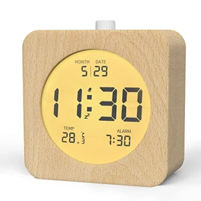 Image de aboveClock Réveil Numérique en Bois, Matin LCD Horloge avec Affichage Date, Température, Fonction Snooze, Rétro éclairé, Alimenté par Pile, Bois Clair