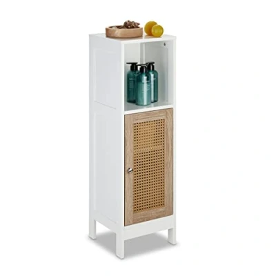 Image de Relaxdays Meuble de Salle Bain, 3 Compartiments, Non Fixe, HxLxP: 96,5 x 30 cm, Porte en rotin, Blanc Nature