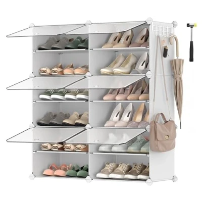 Image de SONGMICS Étagère à Chaussures 6 Compartiments, de Rangement Modulable, Compartiment 30 x 40 cm, avec Porte, Cadre en Acier, Panneaux Plastique, Blanc LPC033W01