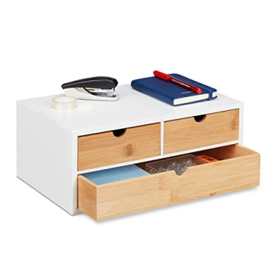 Image de Relaxdays Boîte à tiroirs, Bambou et MDF, Mini Commode 3 Compartiments, HLP : 14 x 33 21 cm, Organiseur, Nature/Blanc