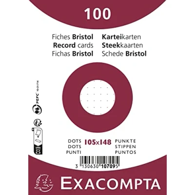 Image de Exacompta Réf. 10709E Carton de 20 paquets 100 fiches sous film bristol dots non perforé format 105 x 148 mm papier Clairefontaine certifié PEFC couleur blanc