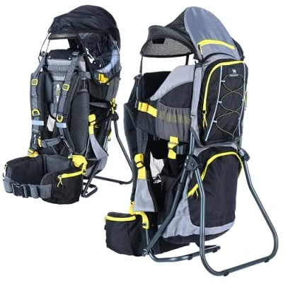 Image de DROMADER Porte Bebe Randonnée Confortable Bébé Dorsal jusqu&#039;à 22kg Sac à Dos avec Poche Isolante, Pare Soleil et Protection Pluie Noir Jaune