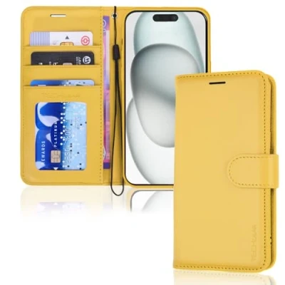 Image de TECHGEAR iPhone 15 Plus Leather Wallet Case, Flip Protective Case Cover with Card Holder, Stand and Wrist Strap Yellow PU Magnetic Closure Designed for 6.7&quot;