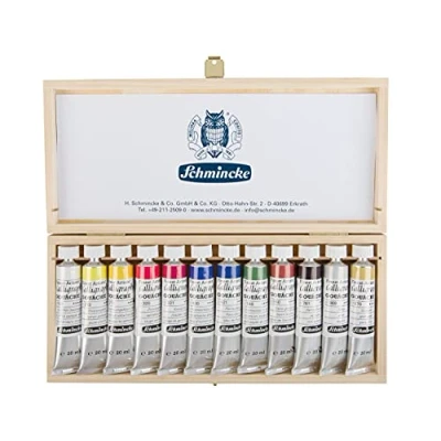 Image de Schmincke Gouache pour calligraphie, Coffret en bois, 12 couleurs extra fines, 72 028 097, x tubes 20 ml, brillantes y compris l&#039;or perlé et l&#039;argent, techniques de calligraphie