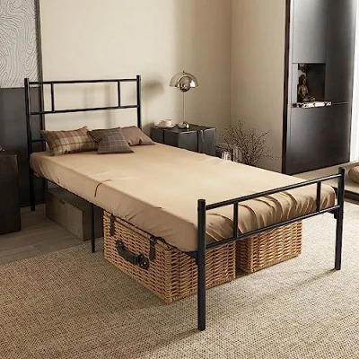 Image de Cadre de lit simple 90 x 190 cm HOMCOM sommier à lattes en acier, tête et pied hauteur 31 rangement sous