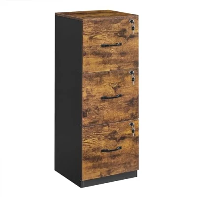Image de VASAGLE Caisson de Bureau à 3 Tiroirs, Meuble Rangement Document, Support d’Imprimante, Tiroirs Verrouillables, Rail Suspension Réglable, pour Dossiers A4, Marron Rustique et Noir OFC055B01
