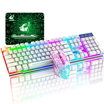 Image de T3 Clavier souris sans fil , arc en ciel rétroéclairé 2.4G sensation mécanique rechargeable de jeu+souris jeu LED à 6 boutons 2400DPI+tapis gratuits (blanc)
