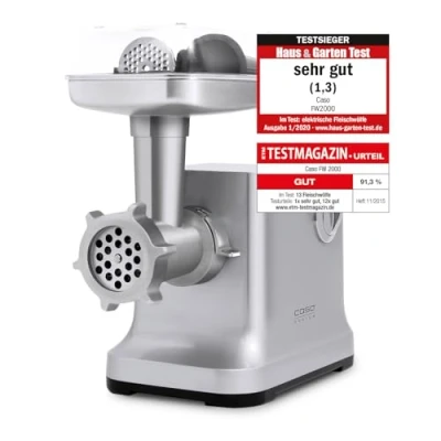 Image de Caso FW2000 Hachoir à viande électrique, y compris les biscuits éclabousser, accessoire 800 W nominal, 2000 locked, env. 2kg/ minute, boîtier en fonte d&#039;aluminium, moteur puissant, argenté