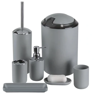 Image de IMAVO Lot de 6 Accessoires Salle Bain en Plastique avec Porte Brosse à Dents, Distributeur Savon, Vaisselle, WC et Support, Poubelle Paille pour Bain, Gris