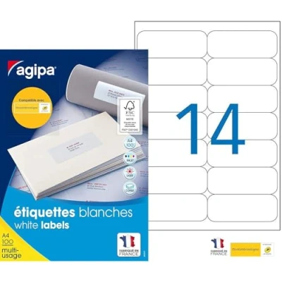 Image de Agipa 118986 Boite Étiquettes Adhésives Blanches MultiUsages Coins Arrondis Certifié FSC Anti bourrage 99,1 x 38,1 mm 1400 100 feuilles A4 multi usages
