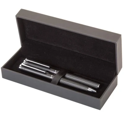 Image de noTrash2003 Ensemble stylo à bille et roller élégant avec corps en aluminium texture rayée, coffret cadeau noir recharge bleue, fournitures de bureau, idée (noir), 100 6030
