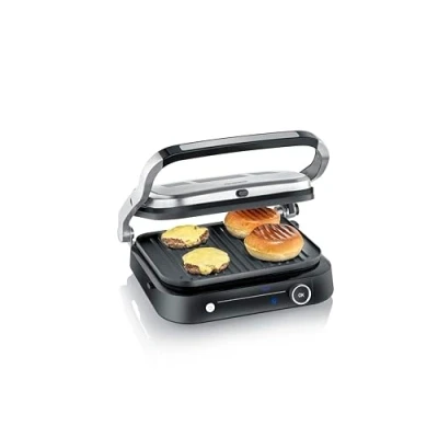 Image de SEVERIN Multi Gril viande 7 programmes automatiques, électrique multifonction pour légumes, steaks et paninis, avec plaques antiadhésives, 1 800 W, Inox/Noir, KG 2395