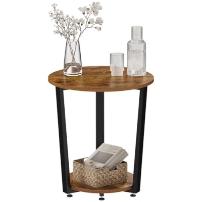 Image de WOLTU Table Basse Ronde, d&#039;Appoint à 2 Étagères, Bout de Canapé avec Cadre Métallique, Chevet, pour Salon Balcon Chambre Coucher, en Bois Composé et Métal,Marron Rustique,BTS13shm