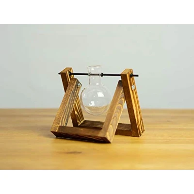 Image de Vase décoratif élégant « piston rond » Cadre en bois flammé avec une ampoule verre soufflé à la bouche et transparent.