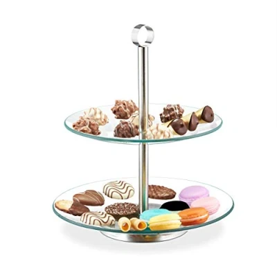 Image de relaxdays Serviteur gâteau, 2 étages, rond, verre, inox, présentation de muffins, fruits, etc., transparent/argenté 10032081