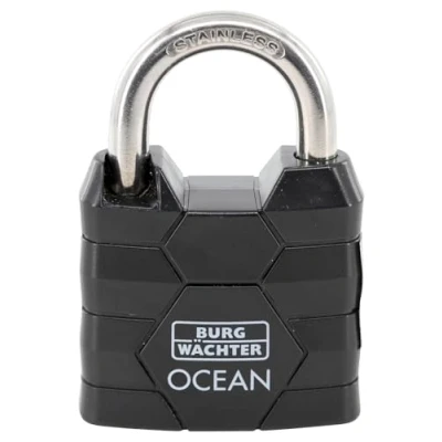 Image de Burg Wächter Ocean 490 Ni 40 SB Cadenas avec 2 clés, épaisseur de l&#039;anse 6,3 mm, résistant à l&#039;eau mer, corps en laiton massif, double verrouillage, noir