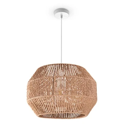 Image de Paco Home suspension Table À Manger Papier Boho Lampe Suspendue Salle E27 Rotin, Couleur:Nature (Ø35cm), Type de luminaire___Couleur:Lampe à Blanc