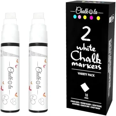 Image de Chalkola Marqueurs De Craie Jumbo Blancs Lot 2 Stylos 15mm Utiliser Sur Fenêtre, Voitures, Tableau Blanc, Noir, Verre, Bistro Aimé Par Enseignants, Artistes Et Entreprises