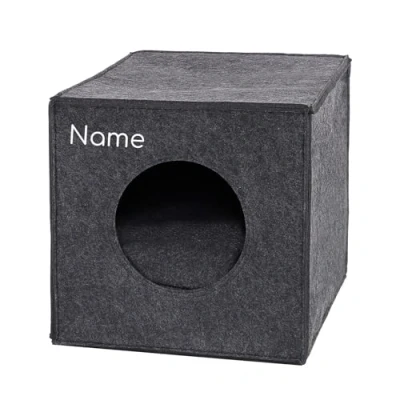 Image de lionto Caverne pour Chats en Feutre Robuste adaptée aux systèmes de rayonnage, 33x37x33 cm, lit Pliable Forme Cube, Niche avec Coussin Confortable, Gris foncé (avec nom imprimé)