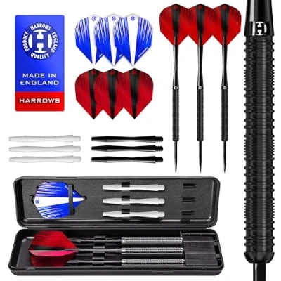 Image de Harrows Caliber 90% Jeu de fléchettes à Pointe en Acier tungstène I 21 g 30 Énorme Lot 16 pièces avec tiges Rechange, ailettes Prime et étui Voyage (Noir, 28Grammes)