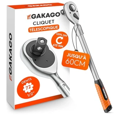 Image de Gakago Cliquet télescopique 1/2&quot; pouce jusqu&#039;à 60cm réversible extra long avec poignée ergonomique Une force supérieure plus de 615 Nm et un engrenage précis à 72 dents fines