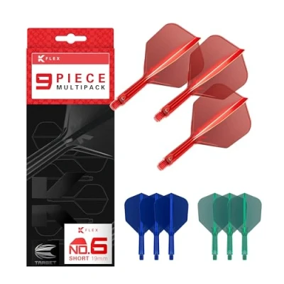 Image de Target Darts K Flex Integrated Dart Flights and Shafts, Tige Court (19mm), No.6 Flight, 9 Pack Bundle, Rouge, Bleu et Vert Kflex 2 in 1 Flight Stem, Professional Accessories