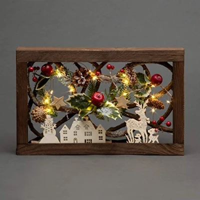 Image de SHATCHI 40 cm LED pré éclairée avec des Feuilles, Pommes de pin, Baies, scène Noël Nordique en 3D, Cadre Bois, décoration Table, Cadeau
