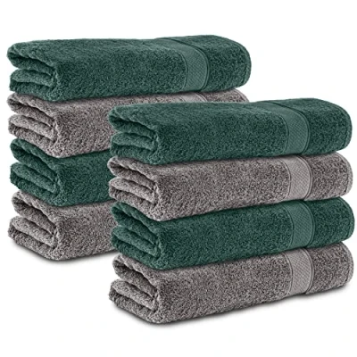Image de Komfortec Lot de 8 Serviettes Toilette 50 x 100 cm, en 100% Coton, 470 g/m², éponge, Doux, Anthracite/Vert foncé