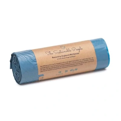 Image de Sacs poubelle recyclés avec cordon TSP 20 L d’au moins de 90% matériaux sources post consommation (PE) certifiés Ange Bleu pour déchets résiduels et recyclables (15 pièces)