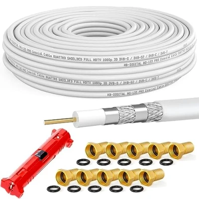 Image de HB DIGITAL HQ 135 PRO 25m 135dB Câble SAT coaxial 4 fois blindé avec dénudage et 10 fiches F dorées d&#039;antenne pour systèmes DVB S / S2 S2X C T T2 BK UHD 4K Full HD 3D