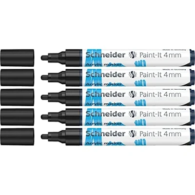 Image de Schneider Paint It 120201 Lot de 5 stylos acryliques avec pointe ogive 4 mm pour bois, toile, pierre, etc Noir