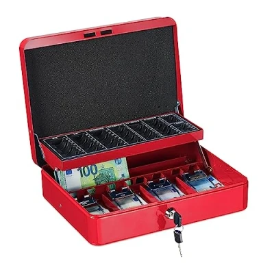 Image de Relaxdays Caisse à Monnaie, verrouillable, monnayeur &amp; 4 Compartiments Billets, Fer, HLP 8,5 x 30,5 24,5 cm, Rouge