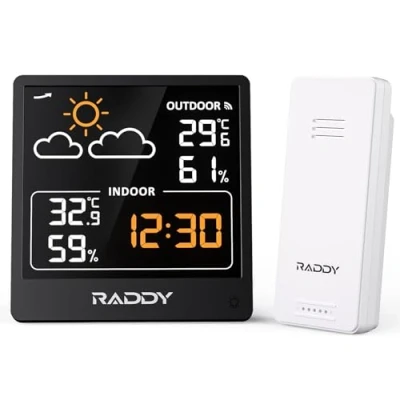 Image de Raddy WF 50V Station météo sans fil, Thermomètre Hygromètre intérieur/extérieur, moniteur de température et d&#039;humidité, 5&quot; VA écran, alimentation USB C, prévisions météo(Noir)