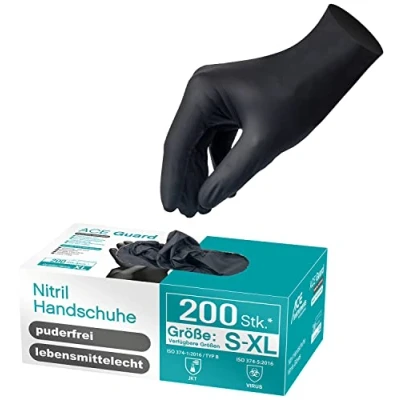 Image de ACE Gants jetables nitrile Guard (100 Paire) noirs, sans latex, non poudrés, EN 374 1, nettoyage, atelier, bricolage, tatouage, cuisine, coiffure, esthétique, mécanique, usage alimentaire XL