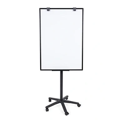 Image de BoardsPlus Chevalet mobile, base mobile noire avec 5 roues, tableau blanc magnétique, cadre en aluminium noir, 70 x 100 180 cm