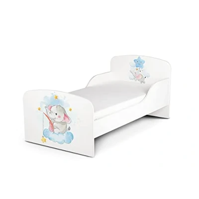 Image de Leomark Blanc Moderne Lit d&#039;enfant Toddler Zone de Couchage 70/140 cm Baby Elephant avec Matelas et Tiroir, Chambre pour Les Enfants, Meubles Fonctionnel, Simple