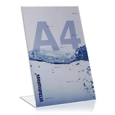 Image de présentoir de table DIN A4 en tant que publicitaire, support L transparent comme du verre, au format vertical, d&#039;information PLEXIGLAS original