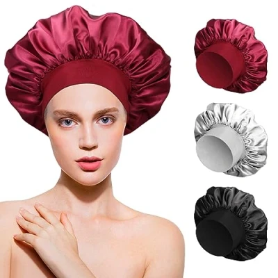 Image de 3PCS Bonnet Satin Cheveux Nuit Soie de en pour Dormir Spa Masque Femmes Réutilisable (Rouge Noir Gris)