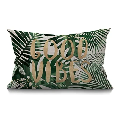 Image de BGBDEIA Housse de coussin en forme feuille palmier,30x50 cm,Good Vibes Word,Motif feuilles tropicales la jungle,Pour décoration maison,En coton et lin,Pour lit canapé,Vert